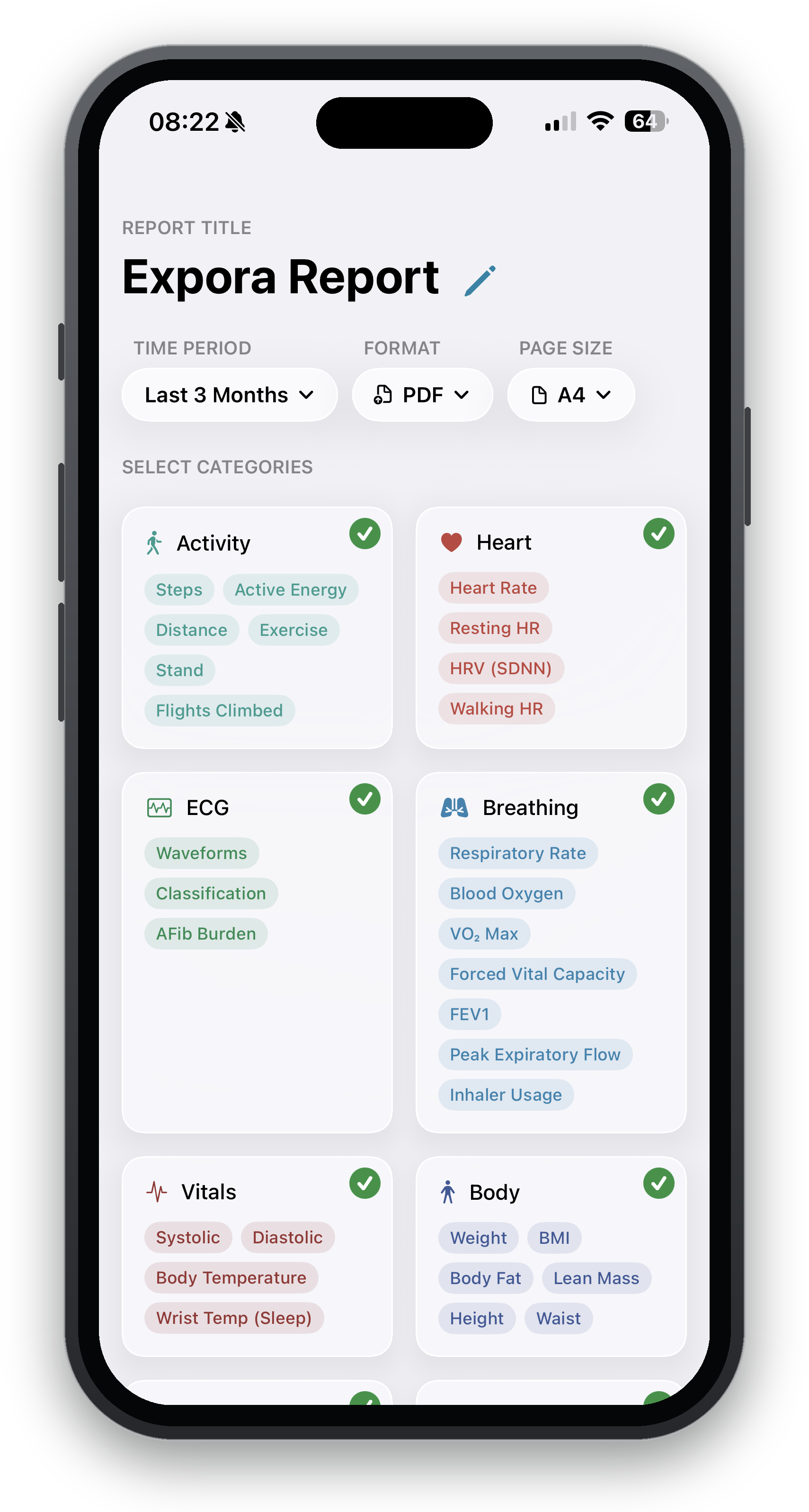 Expora running on iPhone, showing the report builder with health categories ready to export